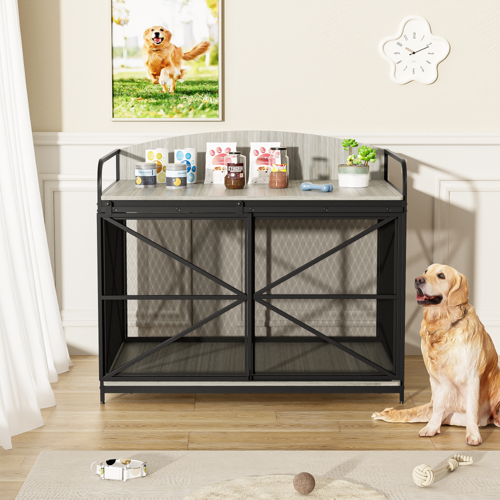 42.8" Heavy Duty Large Dog Crate Furniture for Large Medium Dog, Farmhouse Wooden Dog Kennel Indoor End Table, Decorative Pet House for Large Dogs, Gray