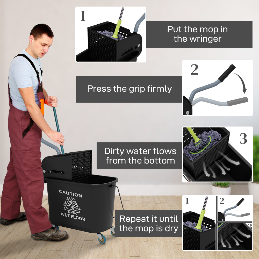 HOMCOM Mop Bucket with Wringer on Wheels for Floor Cleaning, 21 Quart, Separate Dirty and Clean Water, Black