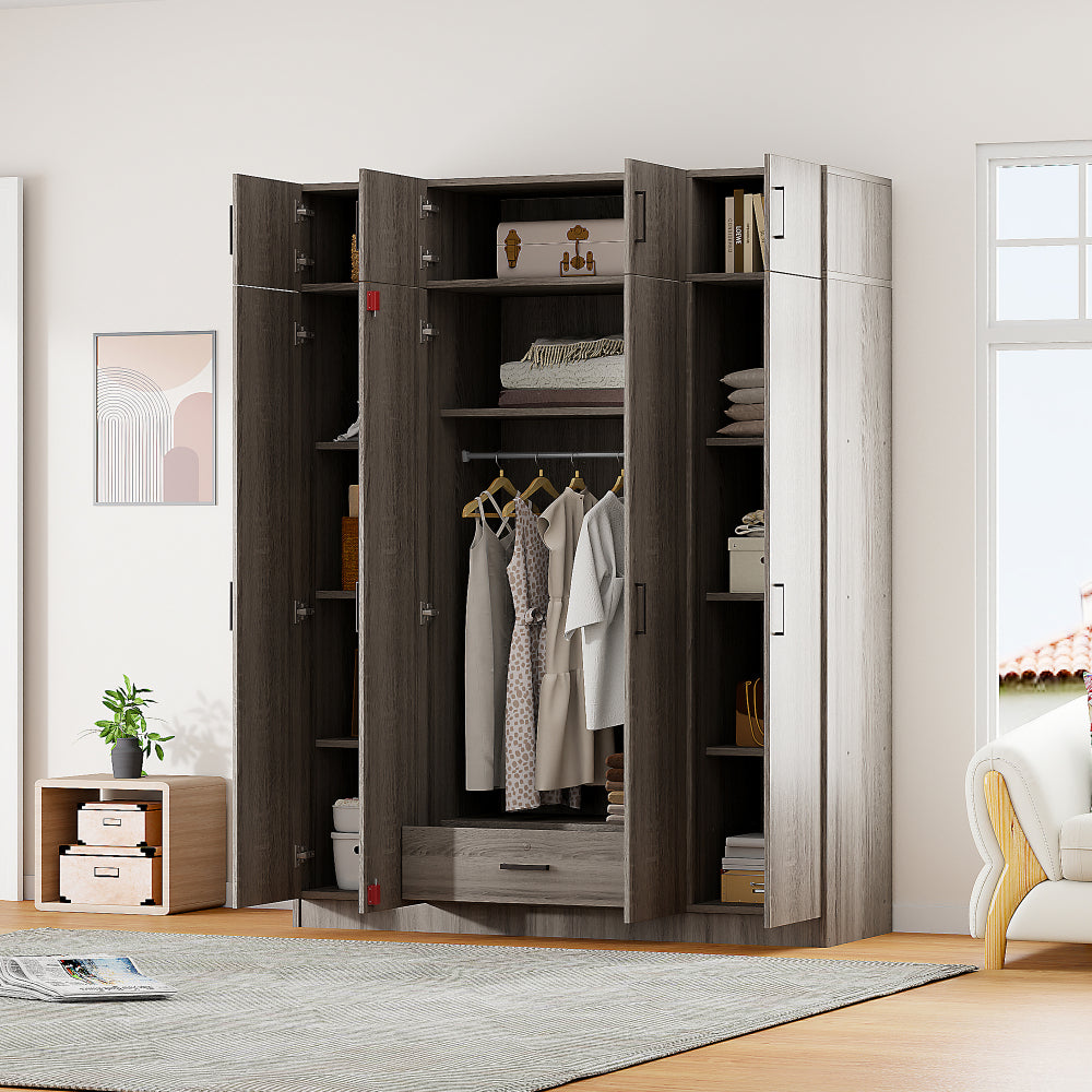 4-Door Mirror Wardrobe with shelves, Gray
