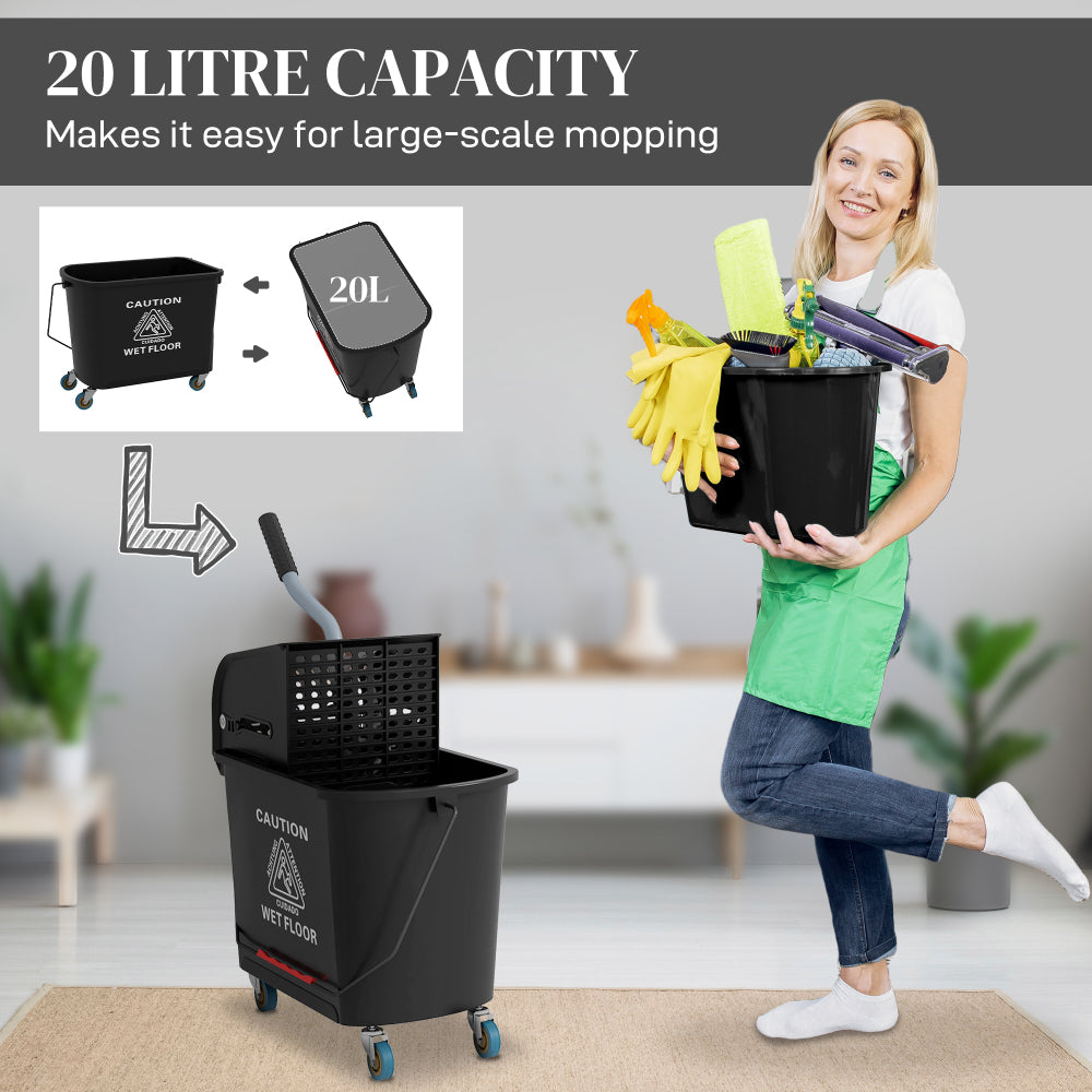 HOMCOM Mop Bucket with Wringer on Wheels for Floor Cleaning, 21 Quart, Separate Dirty and Clean Water, Black