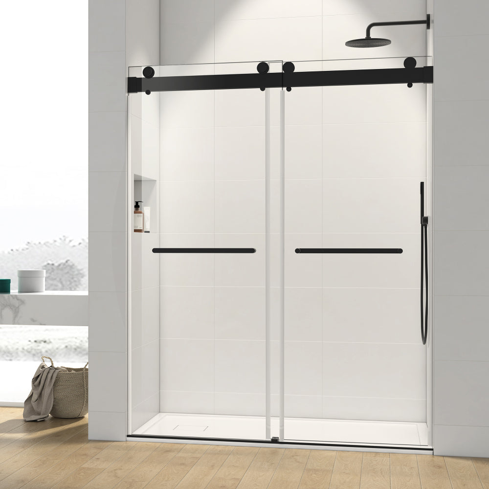 56-60 x 76 Inch Double Sliding Frameless Shower Door in Matte Black with Soft-Closing and 3/8 Inch Clear Glass