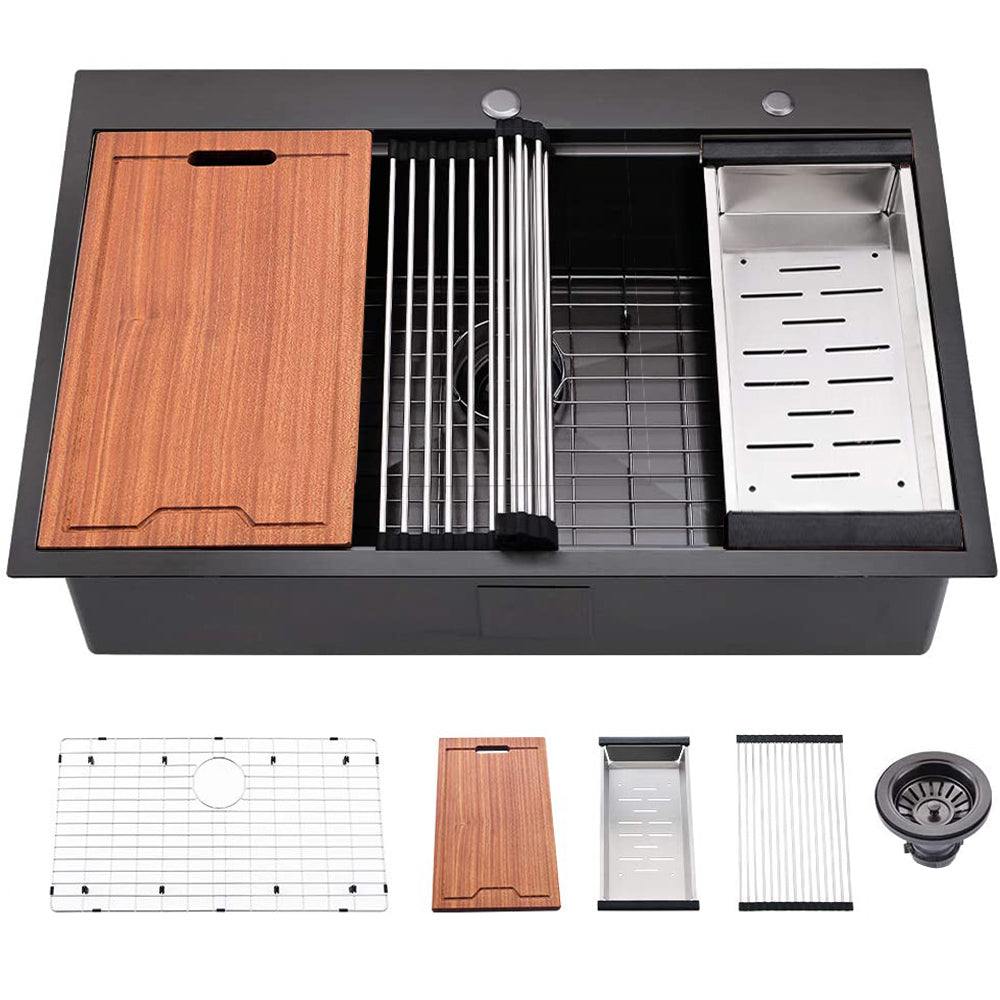 Workstation 33-inch Drop-In 16 Gauge Kitchen Sink R10 Radius Stainless Steel Kitchen Sink Single Bowl with Intergrated Ledge & Accessories (Pack of 5) -33"x22"x10"