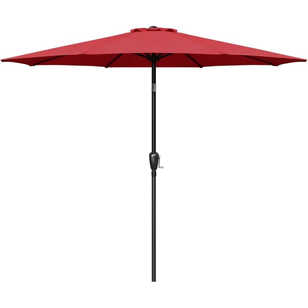 Simple Deluxe 9ft Outdoor Market Table Patio Umbrella with Button Tilt, Crank and 8 Sturdy Ribs for Garden, Red