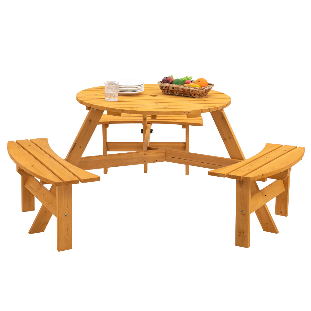 8 Person Brown Wooden Picnic Table, Outdoor Camping Dining Table with 2 Seats, Garden, DIY with 2 Built-in Benches, 2220lb Capacity