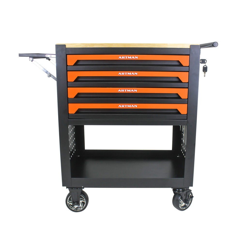 4 DRAWERS MULTIFUNCTIONAL TOOL CART WITH WHEELS AND WOODEN TOP-BLACK