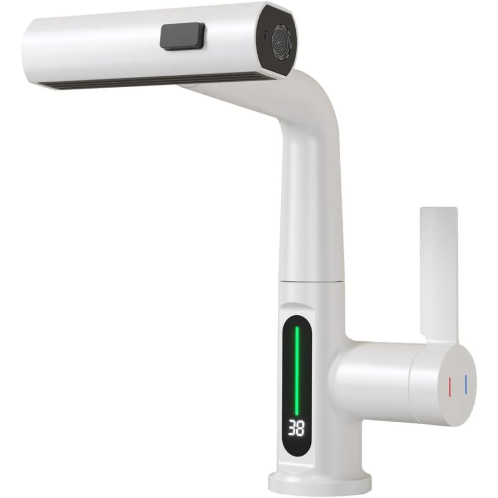 Pull-Out Lift LED Temperature Digital Display Bathroom Basin Faucet, Single Handle 360° Rotatable Waterfall 3-in-1 Basin Tap with Adjustable Height - Gray