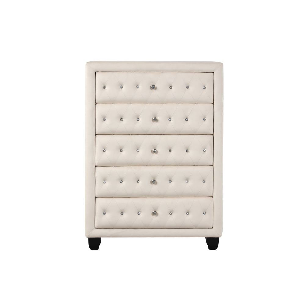 Modern Style Crystal Tufted Upholstery 5-Drawer Chest finished with Velvet Fabric made with Wood in Blue