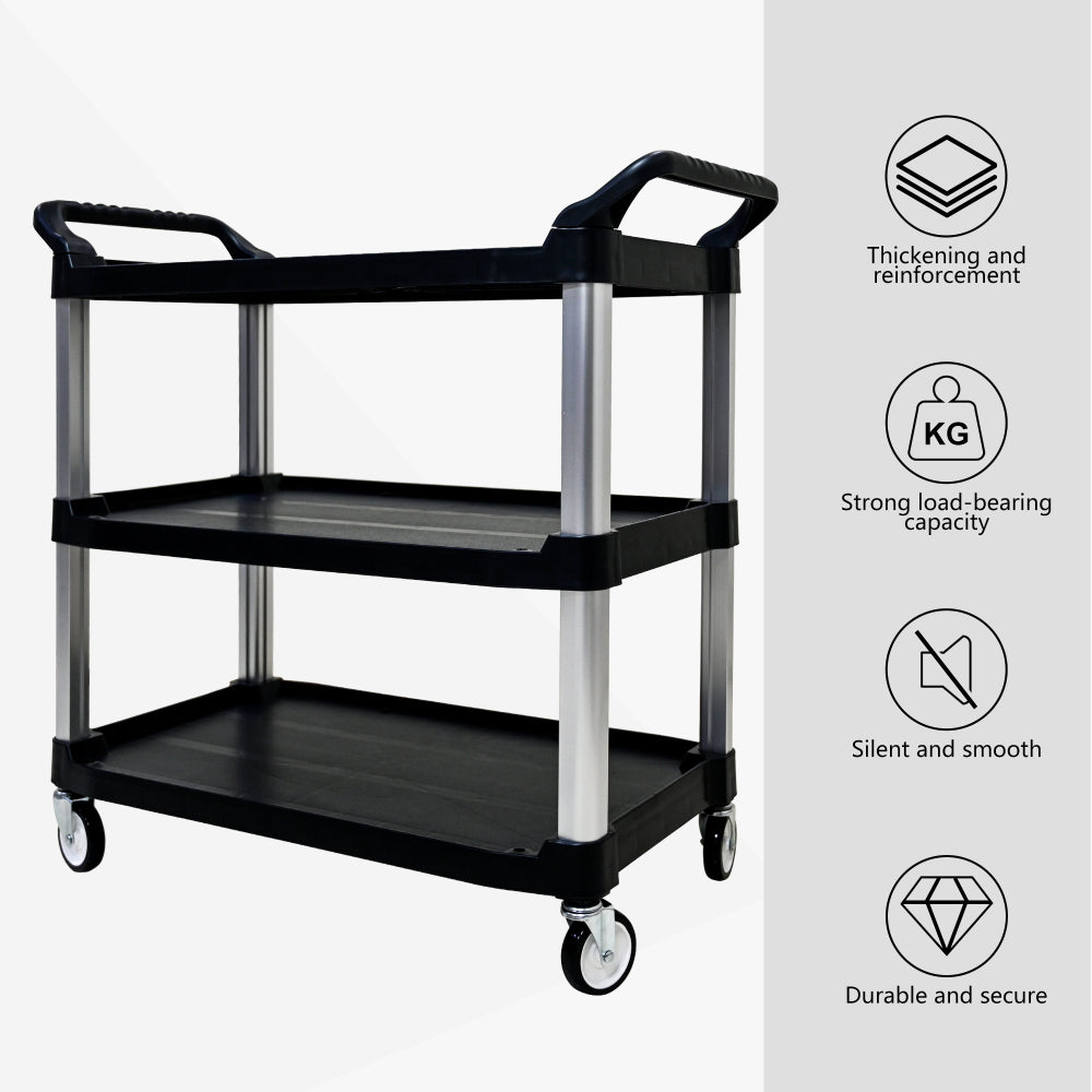 Plastic Commercial Cart Large Size, Restaurant Cart with Wheels Lockable, Heavy Duty Utility Service Cart for Foodservice, Commercial,Office, Warehouse, Black, 40.1x20.0x38.1 inches.