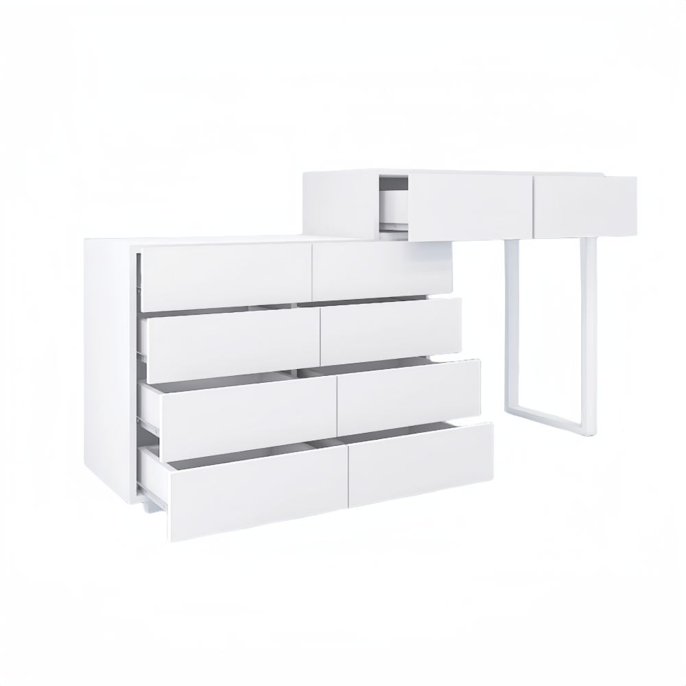 Extended Desktop 10 Drawers Chest of Drawer without Handle White Color Vanity