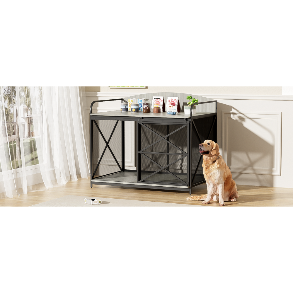42.8" Heavy Duty Large Dog Crate Furniture for Large Medium Dog, Farmhouse Wooden Dog Kennel Indoor End Table, Decorative Pet House for Large Dogs, Gray