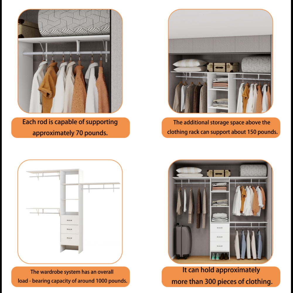 96 Inches Closet System, 8FT Walk In Closet Organizer with 3 Adjustable Shelves & 3 Expandable Hanger Rods & 3 Drawers, Built-In Garment Rack, 96"L x 16"W x 82"H, Load 1000 LBS-White