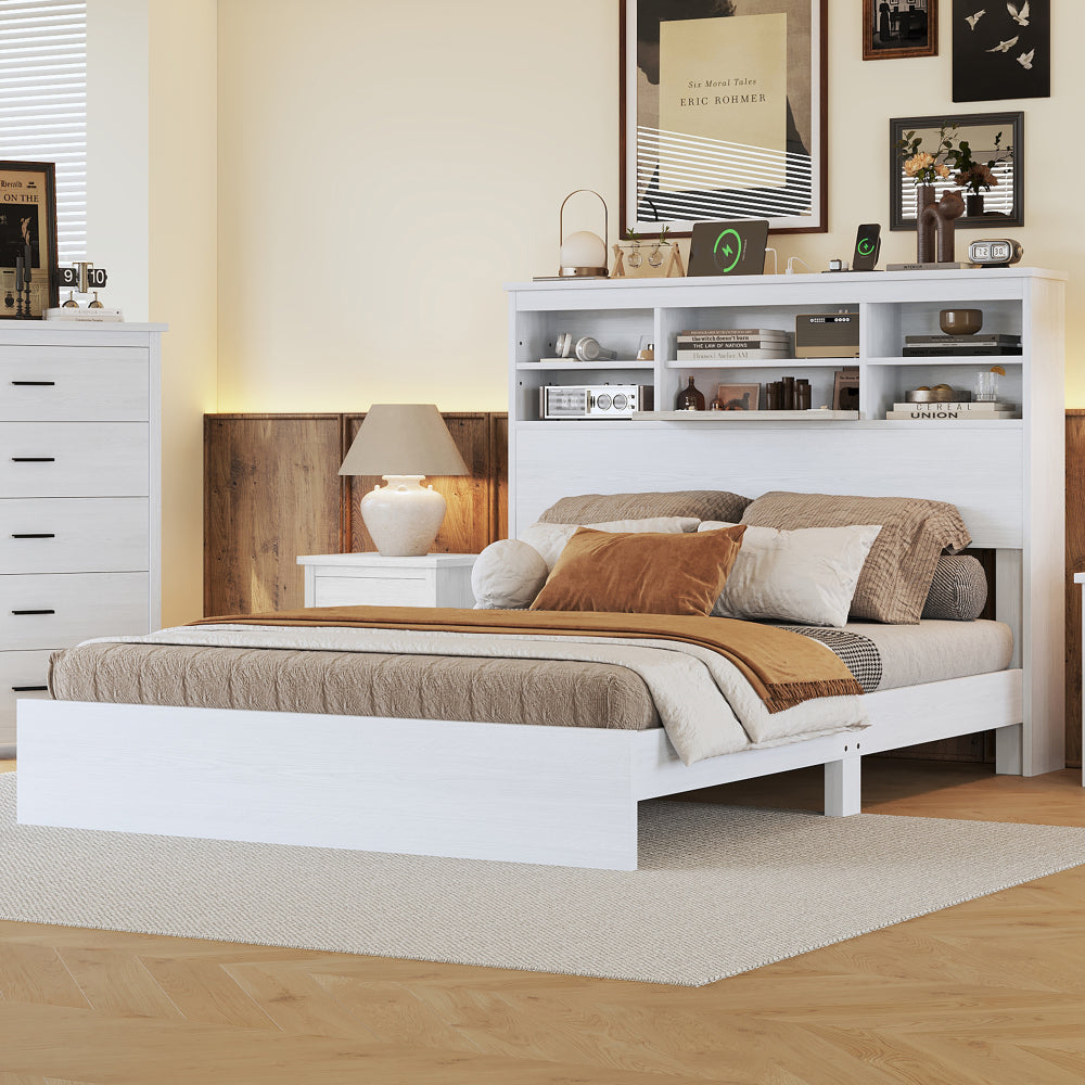 4-Pieces Bedroom Sets Queen Size Vintage Wooden Bed Frame with 2 Nightstands and 1 Dresser, White