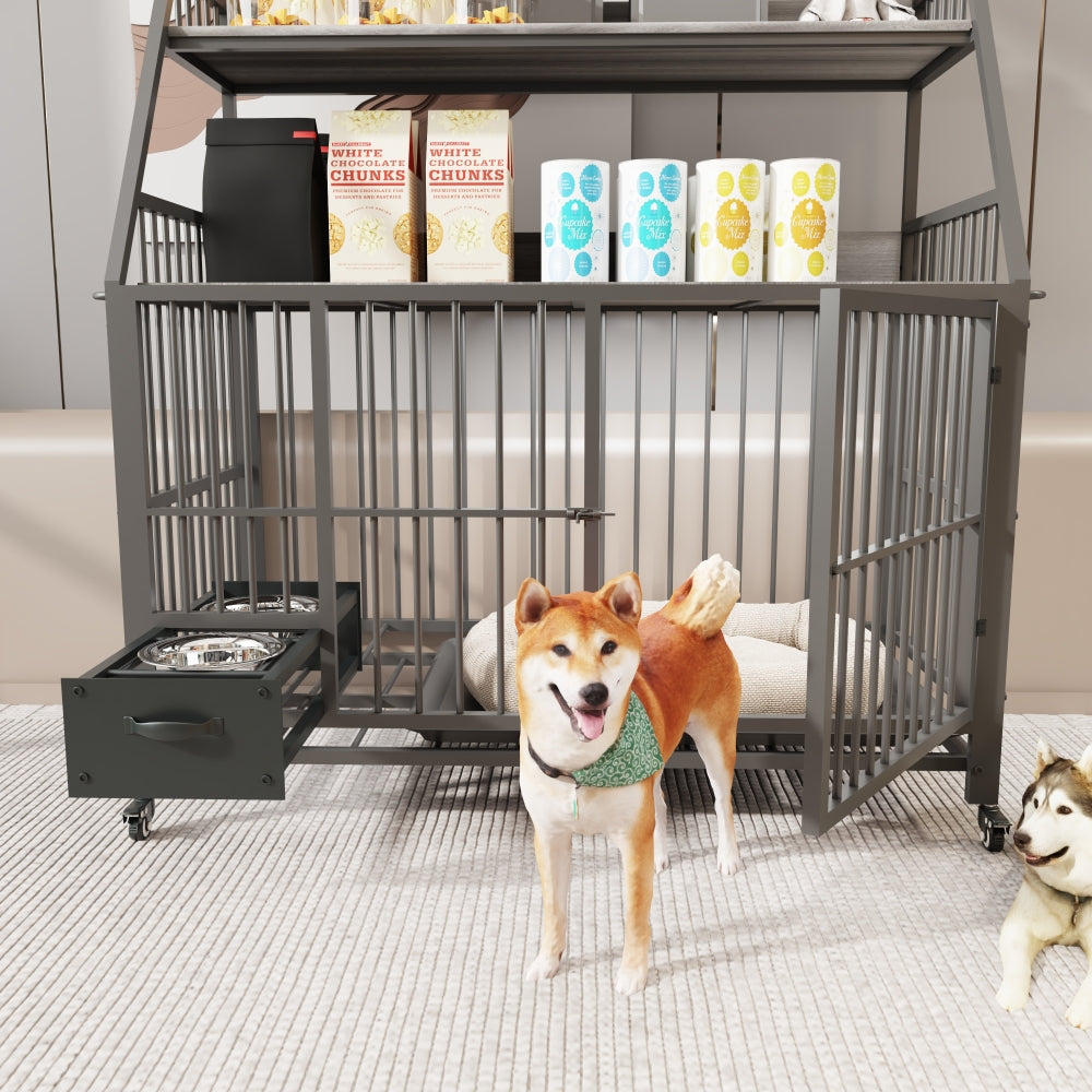 Large pet cage with storage rack, drawers with stainless steel food and water basins, double-layer storage rack made of iron frame and MDF material, sturdy, exquisite, and practical (black+smoke gray)