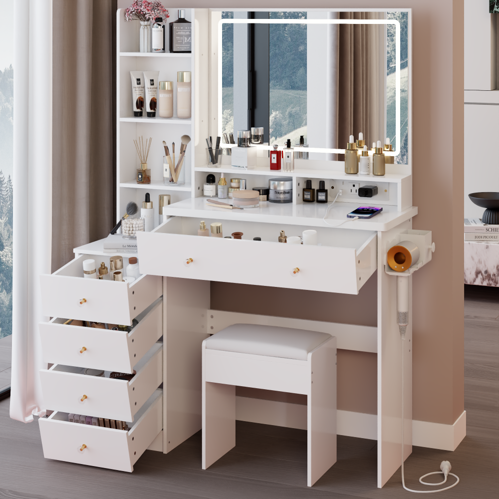 41" Large Size Left Bedside Cabinet Vanity Table+Cushioned Stool Dresser Set, 2 AC+2 USB Power Station, Hair Dryer Stand, Extra Large Touch Control LED Mirror, 3-color Switch, EPA, GCC, UL Certificate