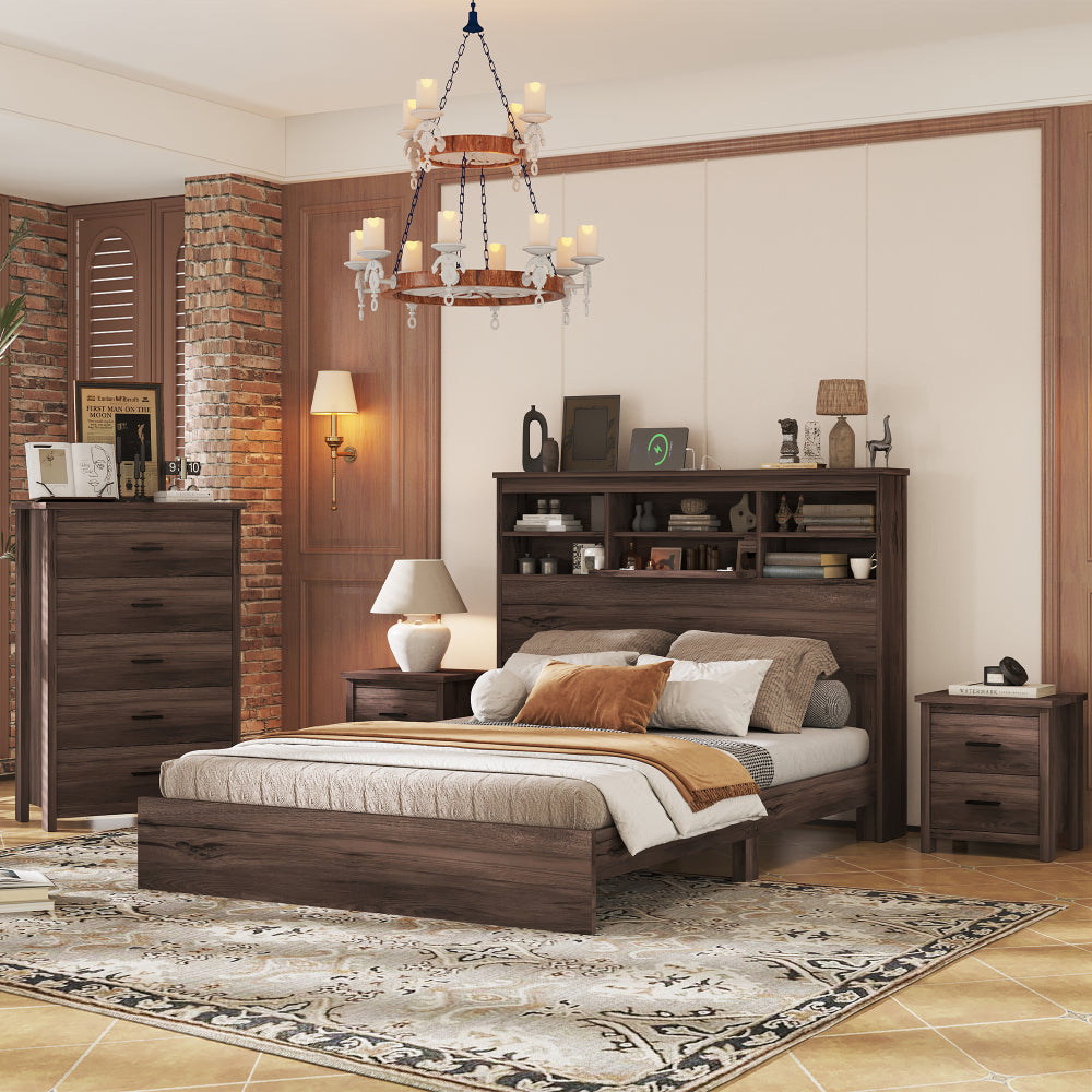 4-Pieces Bedroom Sets Queen Size Vintage Wooden Bed Frame with 2 Nightstands and 1 Dresser, White