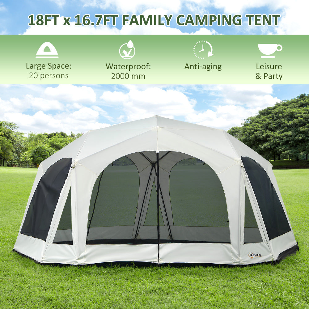 Outsunny 20 Person Camping Tent, Outdoor Cabin Tent Tent with 2 Doors, Screen Room, Family Dome Tent for Hiking, Backpacking, Traveling, Easy Set Up, Cream