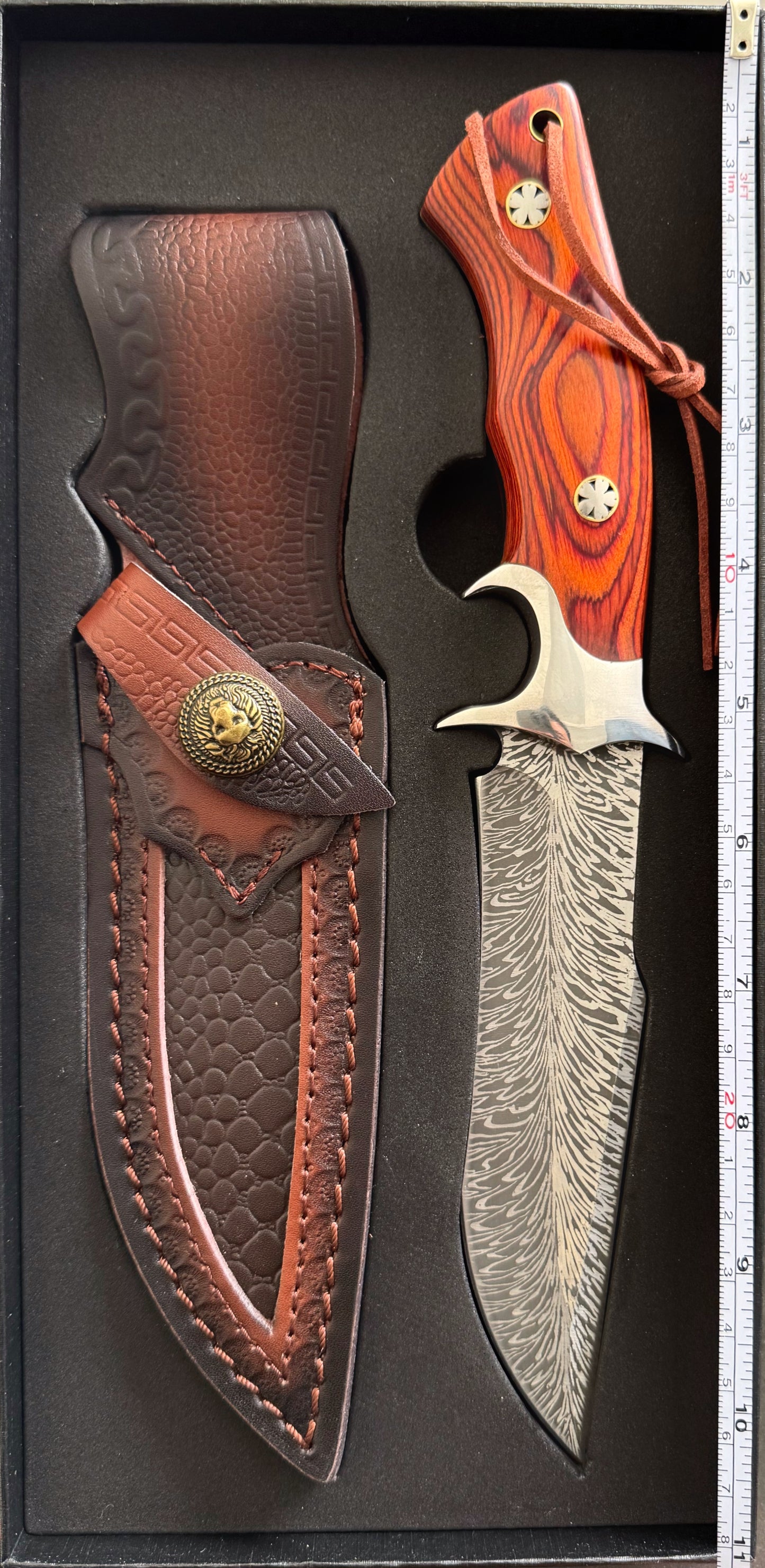 TerrainX Fixed Blade Knife with Etched Damascus-Style Pattern and Leather Sheath