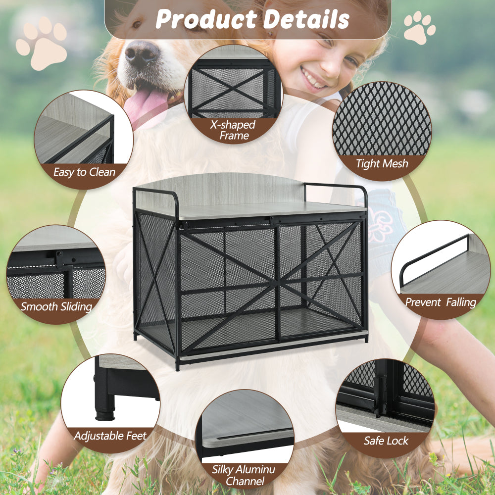 42.8" Heavy Duty Large Dog Crate Furniture for Large Medium Dog, Farmhouse Wooden Dog Kennel Indoor End Table, Decorative Pet House for Large Dogs, Gray