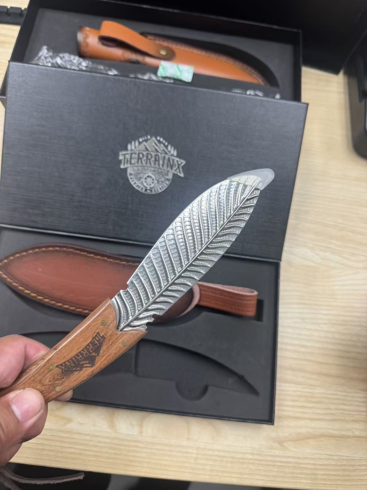 TerrainX Feather-Style Fixed Blade Knife with Premium Leather Sheath