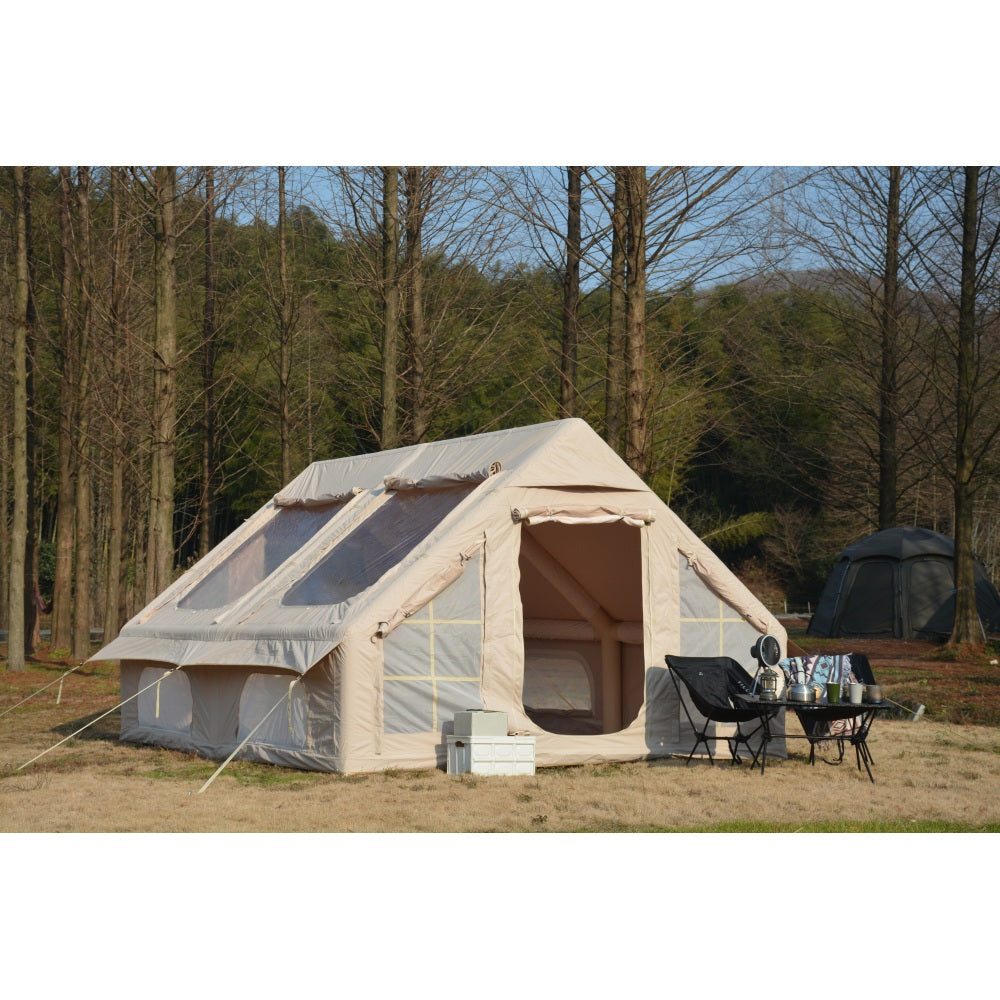 9.8 x13ft Inflatable Camping Tents with Hand Pump, Air Glamping Tents, Easy Setup Waterproof and Windproof Blow up Tent, 4 Seasons Oxford Cabin Tent with Mesh & Chimney Window. Army green