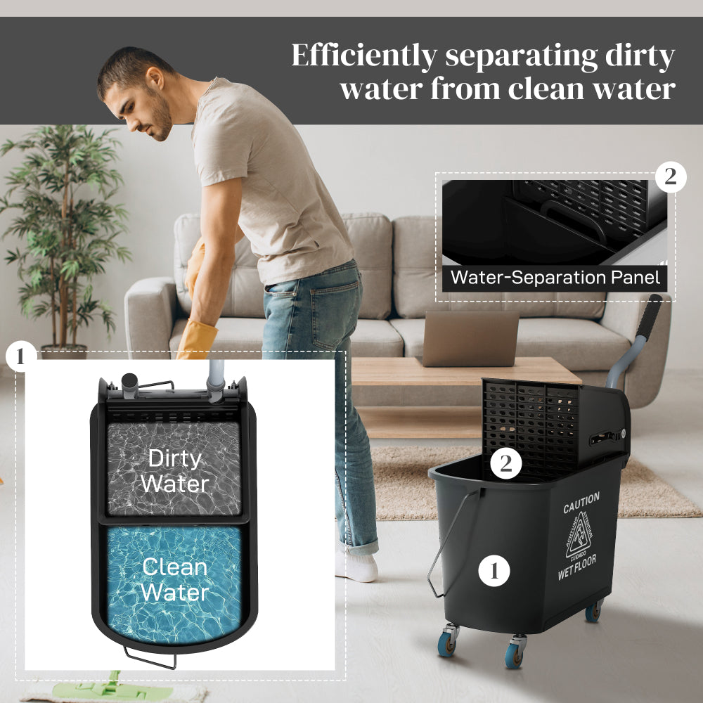 HOMCOM Mop Bucket with Wringer on Wheels for Floor Cleaning, 21 Quart, Separate Dirty and Clean Water, Black