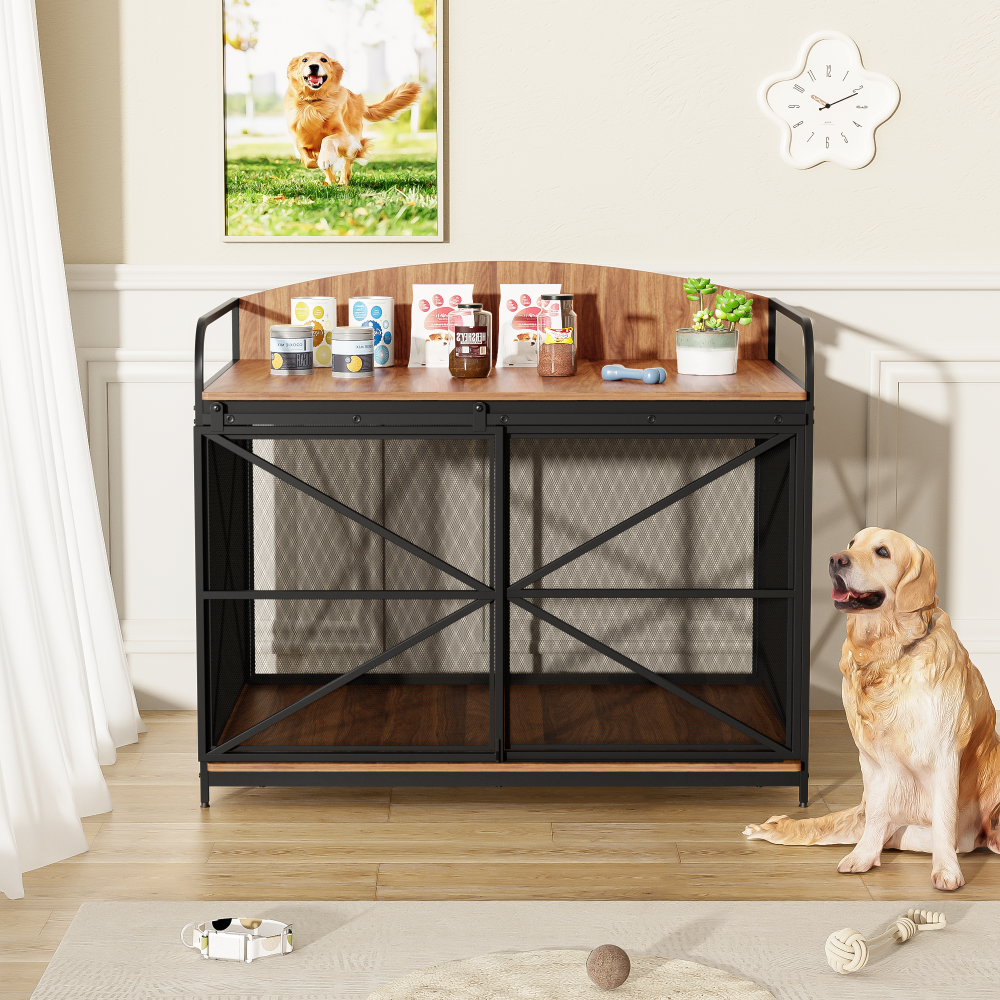 42.8" Heavy Duty Large Dog Crate Furniture for Large Medium Dog, Farmhouse Wooden Dog Kennel Indoor End Table, Decorative Pet House for Large Dogs, Gray