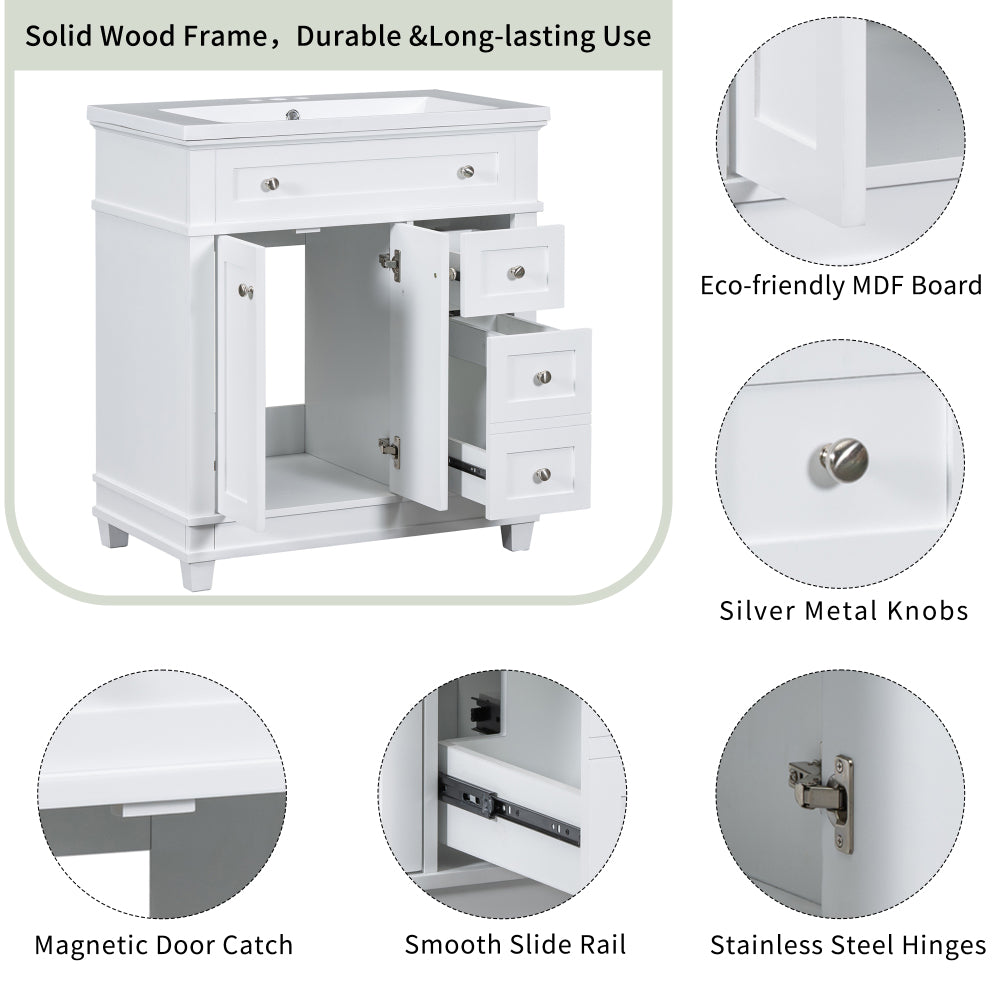30" Bathroom Vanity Cabinet with Sink Combo Set, Undermount Resin Sink, Free Standing Vanity Set with 2 Drawers& Soft Closing Doors, Solid Wood Frame Bathroom Cabinet, White (Same as SW000132AAK)