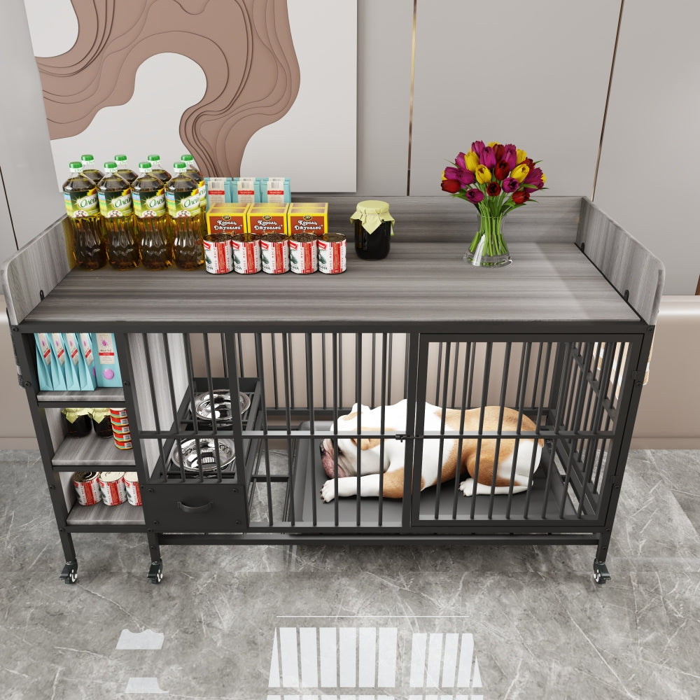 Large pet cage with storage rack, drawers with stainless steel food and water basins, double-layer storage rack made of iron frame and MDF material, sturdy, exquisite, and practical (black+smoke gray)