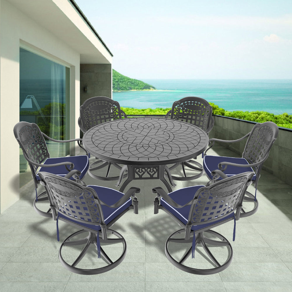 Ø47.24-inch Cast Aluminum Patio Dining Table With Black Frame and Carved Texture on the Tabletop