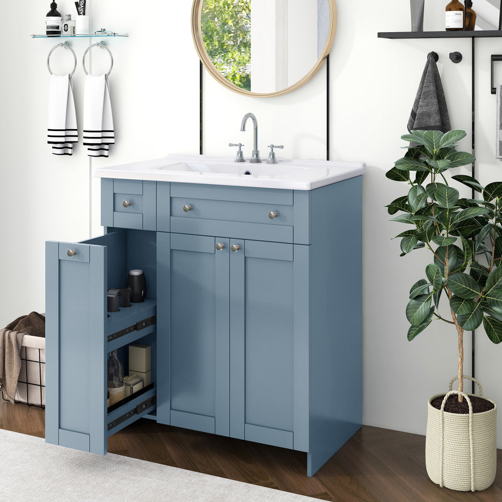 30-Inch Grey Bathroom Vanity with Ceramic Sink Combo, Abundant Storage Cabinet - 2 Soft-close Doors and Double-tier Deep Drawer
