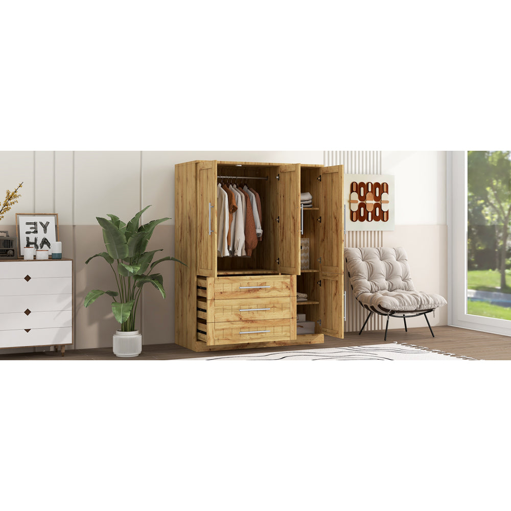 4 Door Wardrobe Armoire Closet with 3 Drawers, Natural