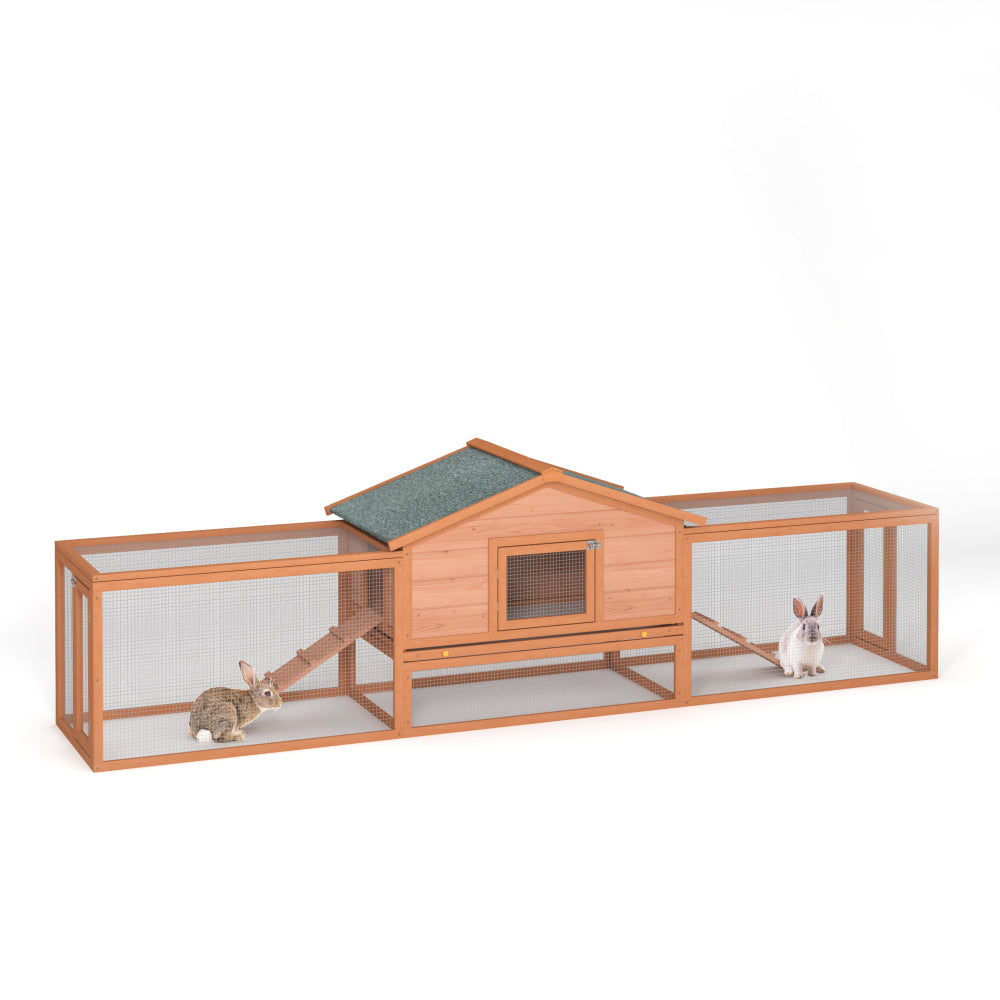 2-Story Large Wooden Rabbit Hutch Pet House with Ramps, Lockable Doors, Run Area and Asphalt Roof for Outdoor Use,Easy to Assemble and Durable with Cleaning Tray and Waterproof Roof