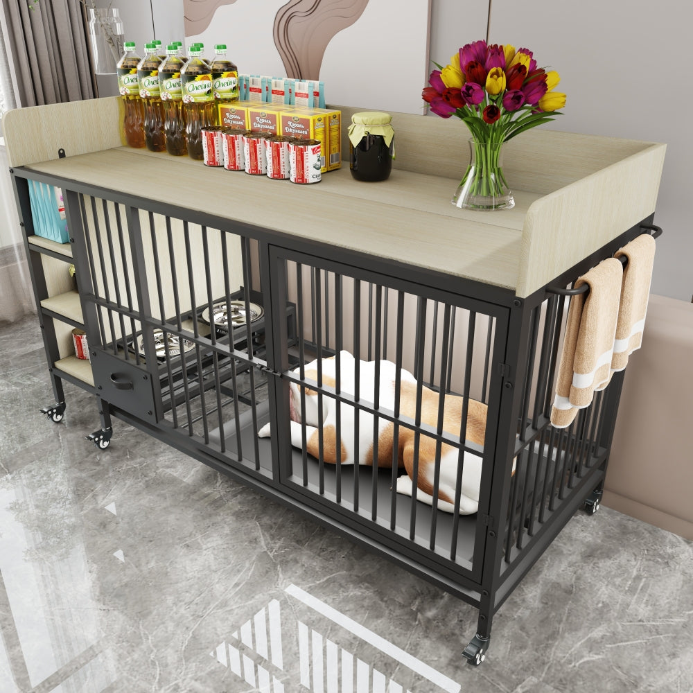 Large pet cage with storage rack, drawers with stainless steel food and water basins, double-layer storage rack made of iron frame and MDF material, sturdy, exquisite, and practical (black+smoke gray)