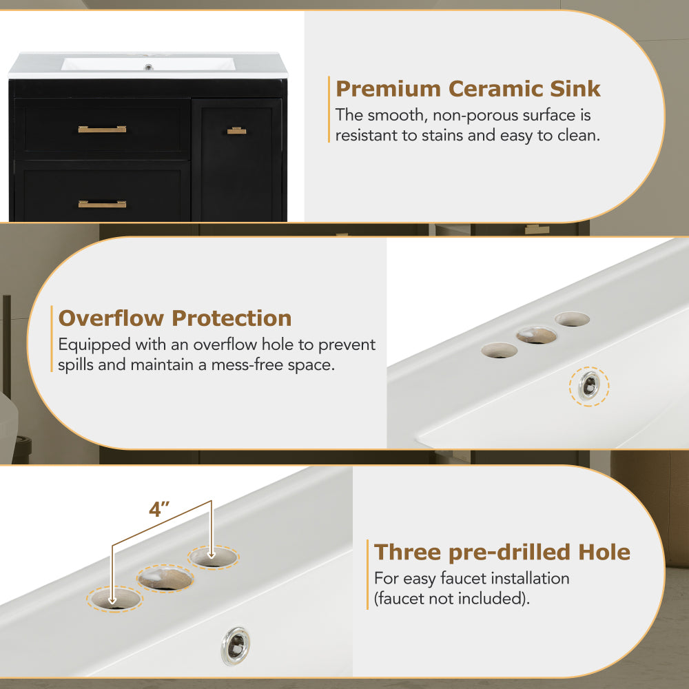 Classic 30" Black Bathroom Vanity Set, Floor Standing, with Three Drawers, One of Which is a Double-Layer Drawer, with Long Gold Handles - Perfect for Small Bathrooms