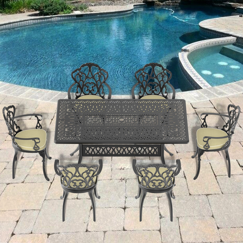 L58.27*W34.65-inch Cast Aluminum Patio Dining Table With Black Frame and Umbrella Hole