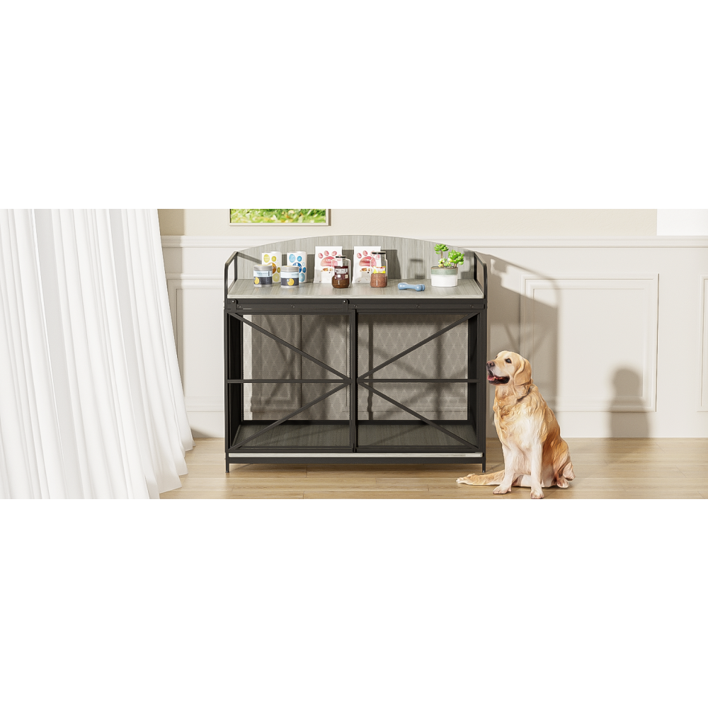 42.8" Heavy Duty Large Dog Crate Furniture for Large Medium Dog, Farmhouse Wooden Dog Kennel Indoor End Table, Decorative Pet House for Large Dogs, Gray