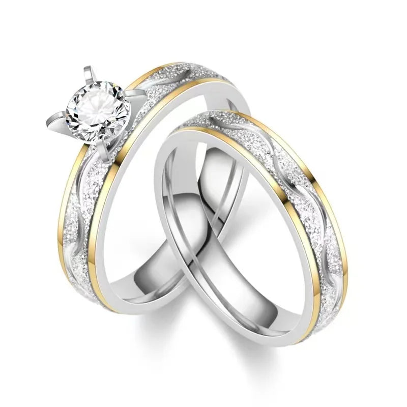 High Quality Stainless Steel Engagement Ring Simple Luxury Crystal Diamond Wedding Jewelry Couples Resizable Cut Diamond Shape