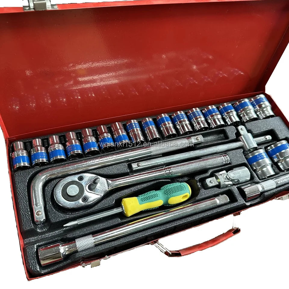 24pcs CR-V Quick-Release Ratchet Wrench Socket Set Uncharged Manual Mechanism Metal Sliding Bar Auto Repair Hand Tool Kit OEM