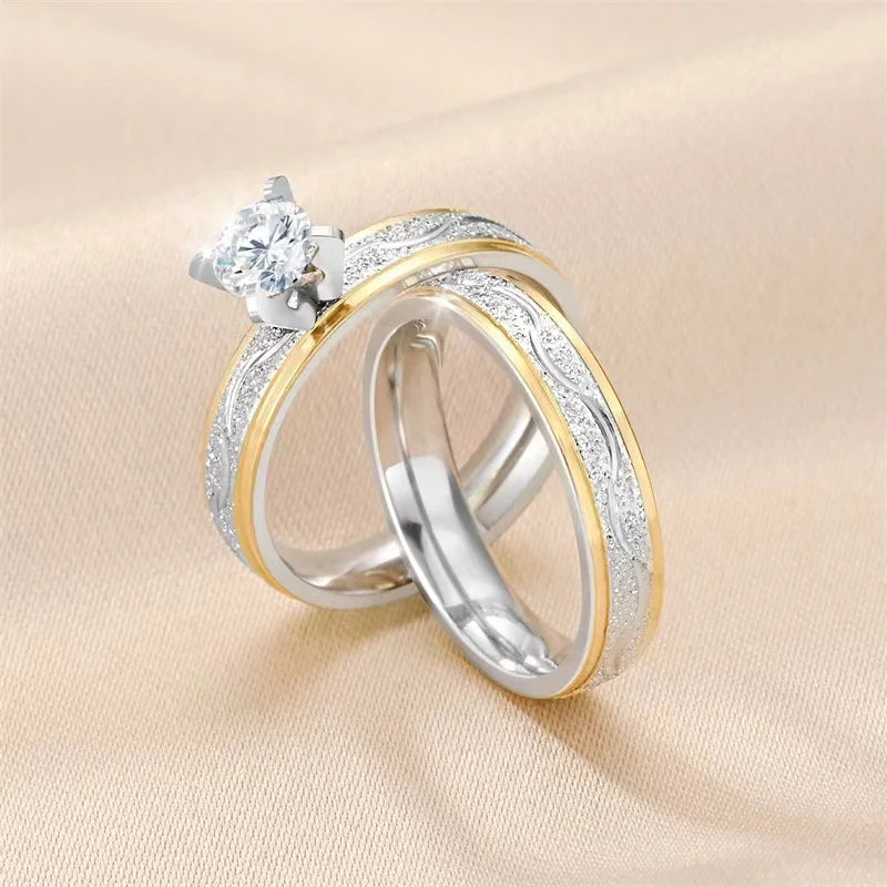 High Quality Stainless Steel Engagement Ring Simple Luxury Crystal Diamond Wedding Jewelry Couples Resizable Cut Diamond Shape