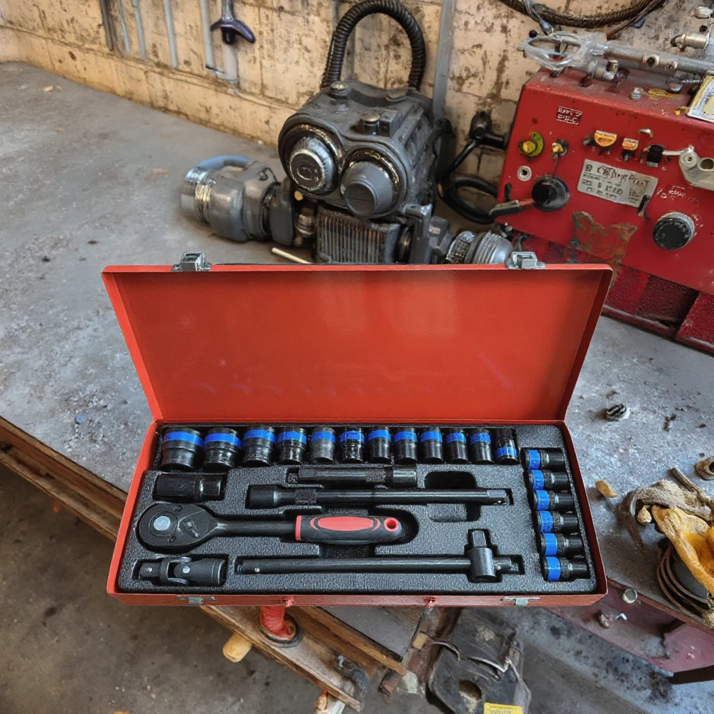 24pcs CR-V Red Iron Carbon Steel Hand Mechanic Box Ratchet Wrench Socket Set Hard Case Car Repair Garden OEM Combination
