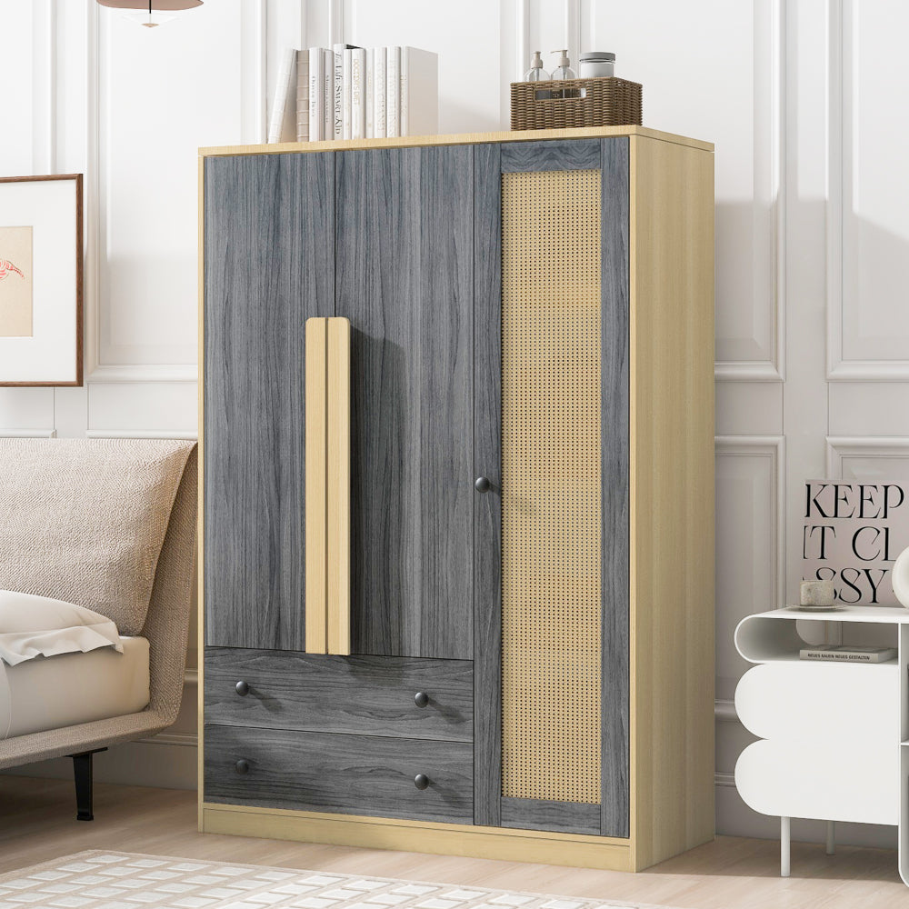 2-Doors Wooden Wardrobe Storage for Bedroom, with Shelves and 3 Drawers, Gray