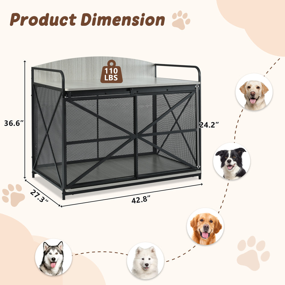 42.8" Heavy Duty Large Dog Crate Furniture for Large Medium Dog, Farmhouse Wooden Dog Kennel Indoor End Table, Decorative Pet House for Large Dogs, Gray
