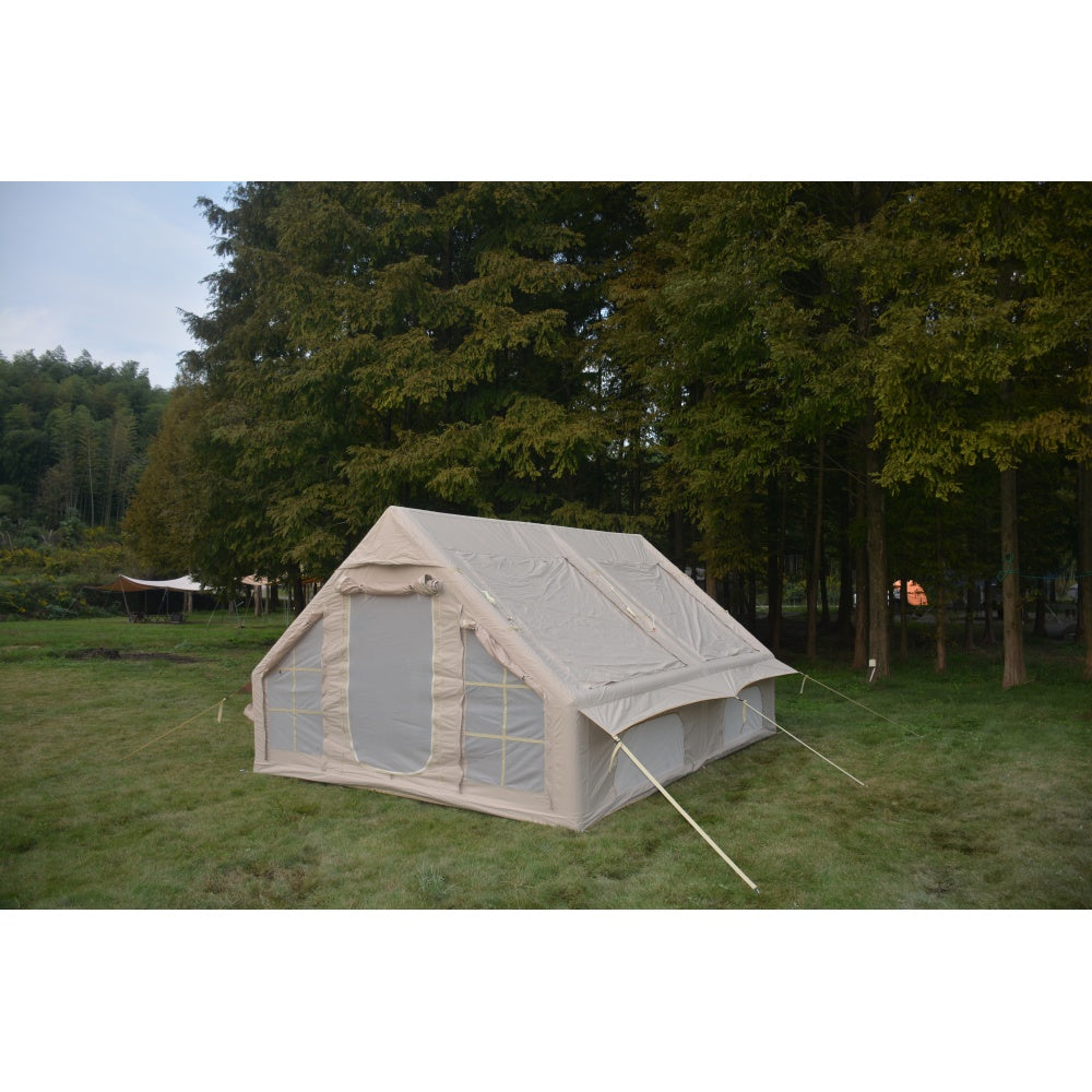 9.8 x13ft Inflatable Camping Tents with Hand Pump, Air Glamping Tents, Easy Setup Waterproof and Windproof Blow up Tent, 4 Seasons Oxford Cabin Tent with Mesh & Chimney Window. Beige