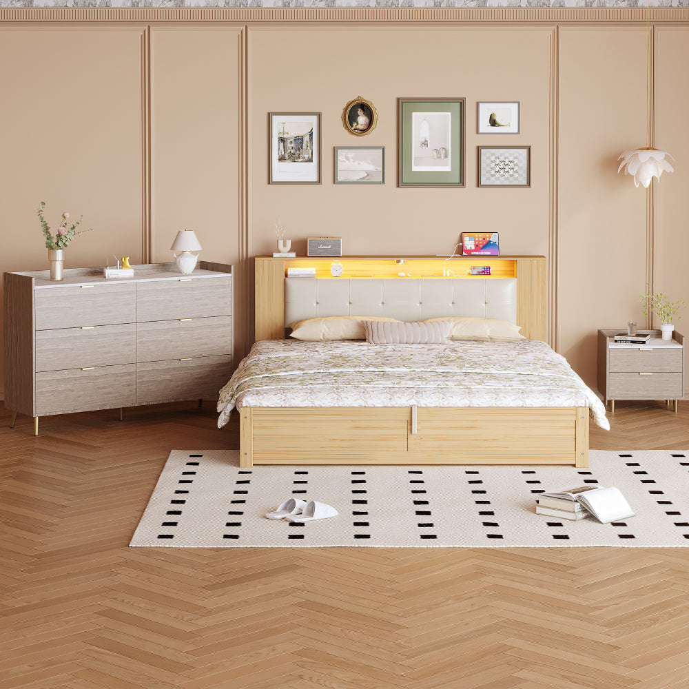 55" Long 6 Drawer Dresser with Marbling Worktop, Mordern Storage Cabinet with Metal Leg and Handle for Bedroom,Walnut