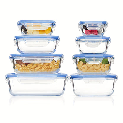 8-Piece glass food storage container, meal preparation, sealed bento box with leak-proof lock lid, suitable for microwave ovens, lunch boxes, ovens, refrigerators and dishwashers, free of BPA