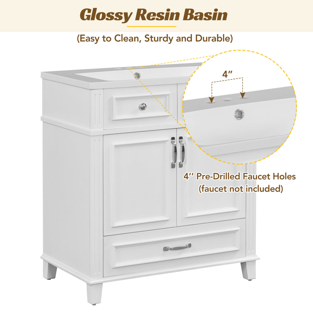 30'' Bathroom Vanity with Resin Sink, Solid Wood Frame Bathroom Storage Cabinet with Soft Closing Doors, Retro Style, White (Same as SW000118AAK)