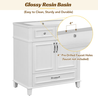 30'' Bathroom Vanity with Resin Sink, Solid Wood Frame Bathroom Storage Cabinet with Soft Closing Doors, Retro Style, White (Same as SW000118AAK)