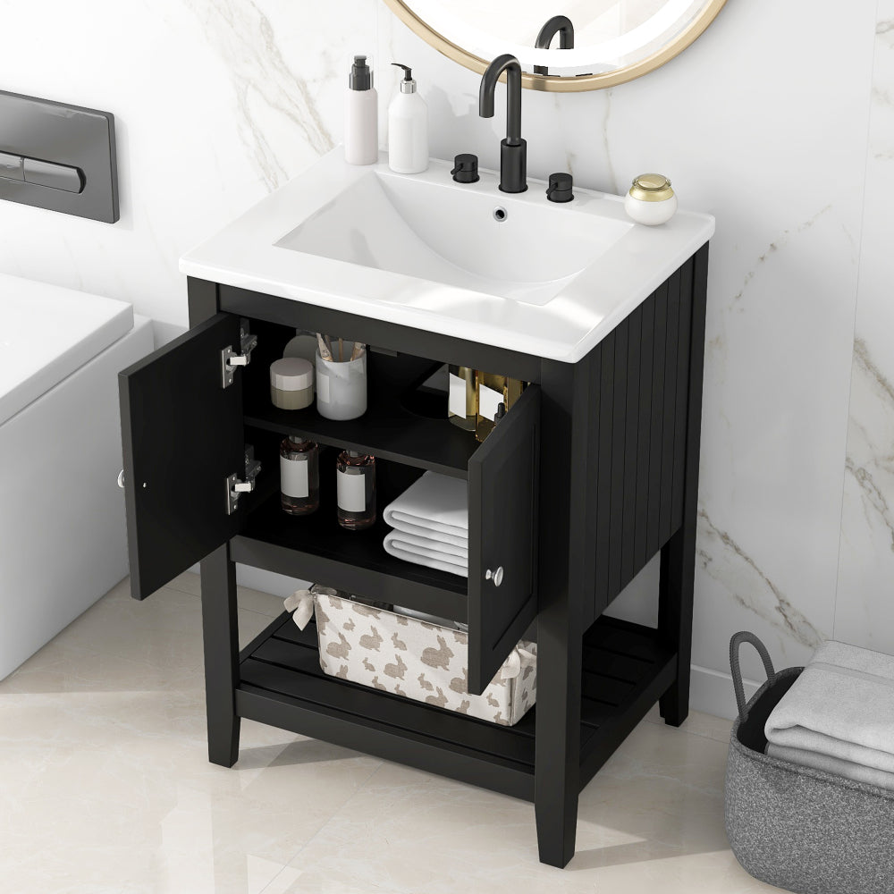 24" Bathroom Vanity Base Only, Soild Wood Frame, Bathroom Storage Cabinet with Doors and Open Shelf, Grey