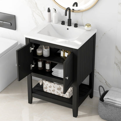 24" Bathroom Vanity Base Only, Soild Wood Frame, Bathroom Storage Cabinet with Doors and Open Shelf, Grey