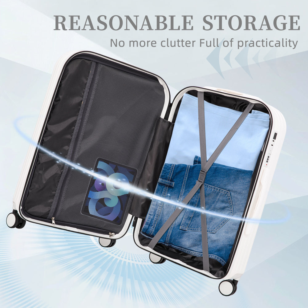 20/24/28in ABS 360° Spinner Wheel Luggage, Carry on Suitcase, with Cup Holder & USB Port (White)